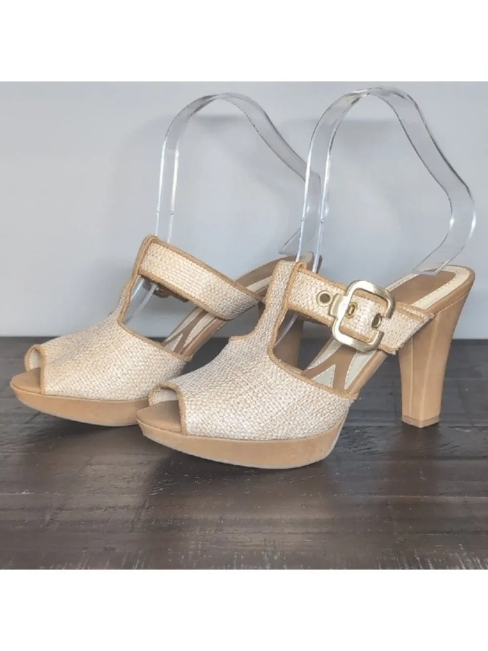 Naturalizer Kole Sandals Tan Woven Buckle Peep Toe Heels N5 Comfort Womens 7